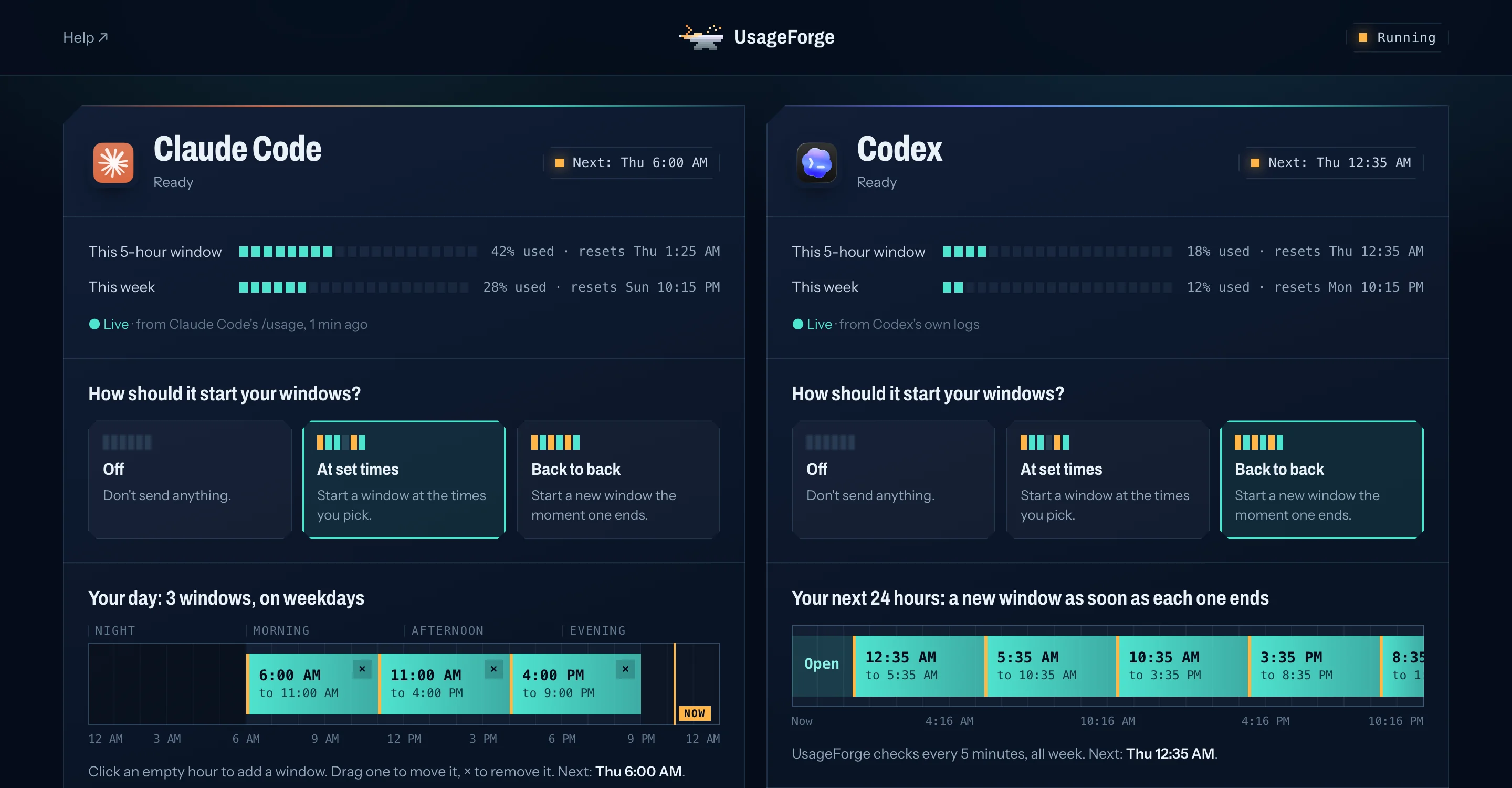 The UsageForge control panel: Claude Code and Codex side by side, each with live 5-hour and weekly usage, a choice of Off, At set times or Back to back, and a 24-hour timeline of windows